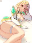 1girl absurdres bare_shoulders blonde_hair blush breasts chest_jewel chinchongcha cleavage cleavage_cutout closed_mouth clothing_cutout core_crystal_(xenoblade) dress elbow_gloves gem gloves headpiece highres jewelry large_breasts long_hair looking_at_viewer lying microdress mythra_(xenoblade) on_side smile solo swept_bangs thighlet thighs tiara white_dress xenoblade_chronicles_(series) xenoblade_chronicles_2 yellow_eyes 