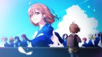  absurdres aged_down ahoge backpack bag black_hair blonde_hair blue_hair braid brown_hair cloud cloudy_sky dress everyone from_behind from_side grey_hair highres kougi_hiroshi kunikida_hanamaru kurosawa_dia kurosawa_ruby laughing long_hair looking_at_another looking_at_viewer looking_to_the_side loose_clothes love_live! love_live!_sunshine!! matsuura_kanan multiple_girls ohara_mari open_mouth pink_hair purple_hair reaching red_eyes red_hair sakurauchi_riko short_hair shorts sky takami_chika tsushima_yoshiko watanabe_you wavy_hair 