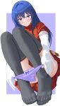  1girl absurdres belt black_thighhighs blue_hair border caeda_(fire_emblem) closed_mouth commission convenient_leg dress elbow_gloves feet fire_emblem full_body gloves hair_intakes highres knees_up kyoichi long_hair looking_at_viewer no_shoes orange_dress panties panty_pull pleated_dress purple_background short_sleeves sidelocks skeb_commission solo thighhighs toenails toes underwear white_border white_gloves 