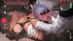  1boy 1girl blindfold blue_hair bodystocking breasts chain condom fishnet_bodystocking fishnets hetero high_ponytail kanna_minamisogi large_breasts open_mouth original pink_hair ponytail recording restrained sex sex_from_behind solo_focus tongue tongue_out used_condom white_yoke 