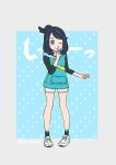  1girl ;) absurdres black_hair black_shirt black_socks blue_background border commentary_request finger_to_mouth full_body green_vest grey_border hair_bun hair_ornament hairclip hand_up highres hood hood_down hooded_vest hoodie index_finger_raised knees liko_(pokemon) one_eye_closed pokemon pokemon_(anime) pokemon_horizons shirt shoes shorts shushing smile socks solo standing swept_bangs three-quarter_sleeves twitter_username vest white_shoes white_shorts yibuzhai 
