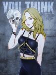  1girl black_nails black_pants blonde_hair choker closed_mouth commentary cowboy_shot girls&#039;_generation hair_over_one_eye highres holding holding_skull jjay0626 k-pop long_hair looking_at_viewer o-ring pants real_life signature skull solo song_name taeyeon_(girls&#039;_generation) 