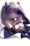  1girl azur_lane bangs bare_shoulders black_bow black_bowtie black_gloves black_ribbon blush bow bowtie breasts cleavage commentary_request elbow_gloves embarrassed gloves hair_cones hair_over_one_eye heart heart_in_eye highres jewelry kiev_(azur_lane) kiev_(backstreet_silver_sonata)_(azur_lane) koa_(koh_a) long_hair nervous official_alternate_costume one_eye_covered open_mouth red_eyes ribbon silver_hair symbol_in_eye twintails 