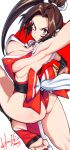  1girl absurdres arm_up armpits ass backless_leotard black_gloves blush bow breasts brown_hair closed_mouth commentary curtained_hair dated fatal_fury folding_fan foot_out_of_frame forehead from_behind gloves hand_fan high_ponytail highres holding holding_fan hori_shin large_breasts leotard leotard_under_clothes long_hair looking_at_viewer looking_back motoyui parted_bangs ponytail red_bow red_eyes red_leotard revealing_clothes rope shiranui_mai sideboob signature simple_background sleeveless smile solo stirrup_legwear street_fighter street_fighter_6 the_king_of_fighters toeless_legwear toes toned toned_female v-shaped_eyebrows white_background 