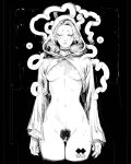 1girl areola_slip arms_at_sides artist_logo artist_name ass_visible_through_thighs black_background blush bottomless breasts breasts_apart chest_tattoo choker cloak closed_eyes closed_mouth cropped_legs disembodied_eye earrings facing_viewer female_pubic_hair fingernails forehead forehead_jewel godiva_ghoul greyscale groin hatching_(texture) highres hood hood_up jewelry lips logo long_sleeves medium_breasts medium_hair mismatched_pubic_hair mole monochrome multiple_moles navel nose original pubic_hair pussy sharp_fingernails short_eyebrows simple_background solo standing straight-on tattoo tendril thigh_gap uncensored 