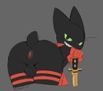2025 anthro anus backsack balls bent_over butt cartoon_network clothing colored_sketch felid feline femboy genitals gloves green_eyes grey_background grin handwear hi_res himacat katana kerchief legs_together looking_at_viewer looking_back male male_anthro mammal mao_mao:_heroes_of_pure_heart melee_weapon mostly_nude neckerchief neckwear portrait presenting presenting_anus presenting_hindquarters red_clothing red_gloves red_handwear red_kerchief red_neckerchief sharp_teeth sheriff_mao_mao_mao short_tail simple_background sketch smile solo sword tail tail_motion tailwag teeth thick_thighs three-quarter_portrait weapon