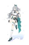  1girl absurdres alternate_costume armband black_armband black_gloves bow bow_legwear closed_mouth fu_hua full_body gloves green_bow grey_background hair_over_one_eye half_gloves highres honkai_(series) honkai_impact_3rd jewelry kneehighs long_hair looking_at_viewer midriff necklace pmg shadow shoes simple_background single_bare_shoulder single_glove smile socks solo standing standing_on_one_leg thigh_strap white_socks 