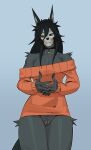 anthro black_hair bone bottomless choker clothed clothed_anthro clothing fur genitals hair hi_res jewelry mal0 necklace pubic_stubble pulred scp-1471 scp-1471-a scp_foundation skull skull_head sweater sweater_only topwear topwear_only vulva