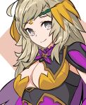  1girl absurdres ahoge alternate_costume asymmetrical_bangs bangs blonde_hair bodystocking breasts cape circlet cleavage fire_emblem fire_emblem_fates fire_emblem_heroes grey_eyes highres looking_at_viewer official_alternate_costume ophelia_(fire_emblem) pantyhose solo thigh_high_tavi upper_body 