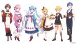  2boys 4girls ;d apron aqua_hair black_vest blonde_hair blue_eyes blue_hair brown_eyes brown_hair brown_shoes brown_socks colored_inner_hair commentary_request copyright_notice dress floral_print floral_print_kimono frilled_dress frills full_body goshi-san hair_between_eyes hatsune_miku holding holding_tray japanese_clothes kagamine_len kagamine_rin kaito_(vocaloid) kimono long_hair maid maid_headdress megurine_luka meiko_(vocaloid) melon_soda multicolored_hair multiple_boys multiple_girls official_art one_eye_closed pink_hair pink_kimono ponytail print_kimono red_kimono shirt shoes short_hair short_ponytail smile socks tray twintails two-tone_hair very_long_hair vest vocaloid wa_maid white_apron white_background white_shirt white_socks wide_sleeves 