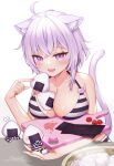  1girl ahoge animal_ear_fluff animal_ears bikini black_bikini breasts cat_ears cat_girl cat_tail cleavage cutting_board food highres holding holding_food hololive large_breasts medium_hair multicolored_bikini naomi_(fantasia) nekomata_okayu onigiri onigirya_(nekomata_okayu) purple_eyes purple_hair purple_tail simple_background solo_focus striped_bikini striped_clothes swimsuit tail two-tone_bikini upper_body virtual_youtuber white_background white_bikini 