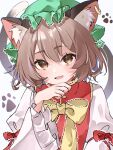  1girl :d absurdres animal_ear_fluff animal_ear_piercing animal_ears blush bow bowtie brown_eyes brown_hair cat_ears cat_tail chen commentary_request dot_nose double-parted_bangs earrings frills gold_trim hair_between_eyes hand_on_own_chin hand_up hat highres jewelry long_sleeves looking_at_viewer mob_cap multiple_tails nekomata one-hour_drawing_challenge open_mouth paw_print paw_print_background red_bow red_vest short_hair simple_background single_earring smile solo tail taktalfine touhou two_tails upper_body upturned_eyes vest white_background wide_sleeves yellow_bow yellow_bowtie 
