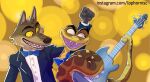  2022 anthro bow_tie brown_body brown_fur canid canine canis clothed clothing dreamworks duo feral fur guitar happy joyful lophornisc male male/male mammal mr._snake_(the_bad_guys) mr._wolf_(the_bad_guys) musical_instrument open_mouth plucked_string_instrument reptile scale_(disambiguation) scalie simple_background snake string_instrument suit the_bad_guys wolf yellow_background yellow_eyes 