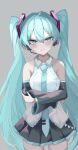  1girl :t absurdres aqua_eyes aqua_hair aqua_nails aqua_necktie bare_shoulders black_skirt blush breasts closed_mouth detached_sleeves eikawa_suru grey_background hair_between_eyes hair_ornament hatsune_miku headphones highres long_hair long_sleeves looking_at_viewer medium_breasts miniskirt necktie pleated_skirt pout shirt simple_background skirt sleeveless sleeveless_shirt solo twintails very_long_hair vocaloid white_shirt wide_sleeves zettai_ryouiki 
