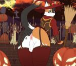 anthro anus backsack balls bat bent_over big_butt black_body black_fur black_hair blouse book bottomwear broom butt calico_cat candle candle_wax candlestick cemetery cleaning_tool clothing cloud cutefckngbunny domestic_cat exhibitionism felid feline felis femboy fire food fruit fur garter_belt garter_straps genitals green_eyes hair halloween hand_on_wall hat headgear headwear hi_res holidays hunter_(hhdrawer) inviting jack-o&#039;-lantern leather leather_clothing leather_topwear leather_vest legwear lit_candle looking_at_viewer looking_back magic_user male mammal moon orange_body orange_fur orange_sky outside plant public public_nudity pumpkin raised_tail skirt sky solo surprised_expression tail thick_thighs thigh_highs tombstone topwear tree vest wall_(structure) witch witch_costume witch_hat