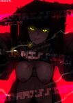  1girl absurdres ajirogasa artist_name black_hair bob_cut breasts breasts_out chen-corp cigarette commentary conical_hat english_commentary english_text female_pubic_hair grey_scarf hat heishou_pack-mao_branch_(identity)_(project_moon) highres inverted_nipples limbus_company looking_at_viewer medium_breasts mole mole_on_breast navel nipples open_mouth project_moon pubic_hair red_background rice_hat ryoshu_(project_moon) scar scar_on_chest scar_on_stomach scarf short_hair simple_background smile smoke smoke_trail smoking solo yellow_eyes 