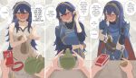  2girls absurdres anna_(fire_emblem) armor armpit_crease bare_shoulders blonde_hair blue_dress blue_eyes blue_gloves blue_hair blush borrowed_clothes bottomless breasts collar collarbone condom_box cowboy_shot dress ebinku english_text fingerless_gloves fire_emblem fire_emblem_awakening full-face_blush gloves grey_background grey_dress hair_between_eyes half-closed_eyes hand_up heavy_breathing highres long_hair long_sleeves looking_at_viewer lucina_(fire_emblem) money_bag multiple_girls open_mouth pointing pov shadow short_dress shoulder_armor sidelocks small_breasts speech_bubble sweat tiara torogao undershirt very_long_hair 