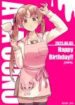  1girl apron black_thighhighs brown_eyes brown_hair collarbone girls_und_panzer glasses green_skirt happy_birthday highres holding long_hair looking_at_viewer ooarai_school_uniform oono_aya open_mouth rabbit s1567_ykmr school_uniform shirt skirt solo spatula standing thighhighs twintails twitter_username white_shirt 