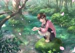  1girl barefoot blush brown_hair bush cherry_blossoms cupping_hands flower forest grass hair_flower hair_ornament highres ikeda_jun_(mizutamari) medium_hair nature original petals ponytail purple_eyes ribbon river skirt smile solo squatting sweater tree water 