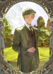  1boy absurdres axis_powers_hetalia beret blonde_hair blue_sky breast_pocket brown_vest buttons chinese_commentary closed_mouth cloud cloudy_sky collared_shirt commentary_request cowboy_shot day formal_clothes grass green_eyes green_hat green_jacket green_pants hat highres jacket lapels long_sleeves looking_at_viewer male_focus necktie open_clothes open_jacket outdoors pants picture_frame pocket red_necktie shadow shirt short_hair sky smile solo standing suit suit_jacket tree umbrella united_kingdom_(hetalia) vest visor_cap white_shirt zhongerweiyuan 