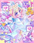  1girl :d absurdres aegyo_sal blonde_hair blood blood_on_knife blue_eyes blue_hair blue_serafuku border boxcutter cat chouzetsusaikawa_tenshi-chan colored_tips drugs emoji grid_background grin hand_on_own_face highres holding holding_paintbrush itsumarin knife looking_at_viewer multicolored_hair multicolored_nails needy_girl_overdose paintbrush pill pink_border pink_hair pink_pupils quad_tails saturated school_uniform serafuku smile solo sparkling_eyes star_(symbol) syringe too_many upper_body window_(computing) 