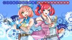  2girls bare_shoulders belt blue_background blue_camisole blue_eyes breasts camisole card cleavage commission digimon digimon_card_game digimon_linkz digimon_story:_cyber_sleuth dress gears green_eyes hat highres hisuikouha holding holding_card in-franchise_crossover jacket kurihara_hina long_hair medium_hair metallicdramon multiple_girls off_shoulder official_art_inset omegamon open_clothes open_jacket pink_hair pink_jacket red_hair shiramine_nokia simple_background trading_card twintails upper_body white_dress white_hat 