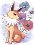  absurdres anemone_(flower) animal_focus blue_flower closed_mouth commentary_request flower highres jolteon luna_mokamoka no_humans pokemon pokemon_(creature) purple_flower red_flower sitting solo toes white_flower yellow_fur 