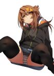  1girl black_jacket black_thighhighs brown_eyes brown_hair closed_mouth commentary_request fu-ta highres jacket original panties pantyshot simple_background solo striped_clothes striped_panties thighhighs underwear usami_taiga white_background 