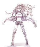  1girl amy_(another_eden) another_eden bandaged_leg bandages belt boots breasts cleavage clenched_hands closed_mouth coat collarbone commentary_request double-parted_bangs fighting_stance floating_clothes floating_hair frown full_body fur-trimmed_coat fur_trim gauntlets groin hair_between_eyes hair_ribbon hand_up hatching_(texture) jewelry knee_boots knee_pads lace-up_boots large_breasts legs_apart linea_alba linear_hatching long_hair long_sleeves looking_at_viewer michibata_65 monochrome navel necklace one_side_up open_clothes open_coat purple_theme ribbon short_shorts shorts sidelocks simple_background solo standing stomach straight-on strapless tube_top v-shaped_eyebrows very_long_hair white_background 