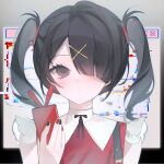  1girl ame-chan_(needy_girl_overdose) black_eyes border distortion glitch gradient_border hair_ornament hair_over_one_eye highres holding holding_phone multicolored_nails neck_ribbon needy_girl_overdose outside_border phone ribbon short_twintails solo suspenders twintails upper_body window_(computing) winged_sleeves x_hair_ornament yuyu_3 