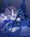  1boy :| armor blue_armor blue_theme closed_eyes closed_mouth e.g.o_(project_moon) facial_hair fingernails frills fur_collar goatee_stubble gregor_(project_moon) head_spikes highres holding holding_sword holding_weapon jing84672940 knight_of_despair limbus_company lobotomy_corporation male_focus one_eye_covered project_moon sharp_fingernails shoulder_spikes solo sparkle spikes stubble sword teardrop_facial_mark upper_body weapon 