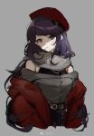  1girl bare_shoulders belt cape coat curly_hair earrings highres idolmaster idolmaster_shiny_colors jewelry long_hair purple_eyes purple_hair red_coat solo tanaka_mamimi wenquangua 