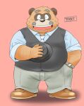  2022 anthro black_nose bottomwear brown_body canid canine clothing eyes_closed kemono male mammal mature_male necktie overweight overweight_male pants raccoon_dog shirt solo tanuki topwear toshi_(artist) 