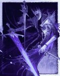  1other armor blue_theme border cape cruentum_noctis dual_wielding elden_ring elden_ring_nightreign extra_arms full_armor gauntlets glowing glowing_sword glowing_weapon great_rune_(elden_ring) greatsword helmet heolstor_the_nightlord highres holding holding_sword holding_weapon jewelry purple_cape ring shoulder_armor sword triple_wielding weapon white_border 