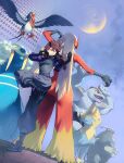  1boy 1girl 1other absurdres bird black_pants black_shirt blaziken brown_hair crossover dusclops feathers fighting_stance group_picture highres jaiden_animations machoke manectric midair pants pokemon pokemon_(creature) red_feathers shirt standing standing_on_one_leg swellow tommy_(kingdukeee) wild/card 