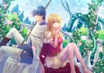  1boy 1girl anklet arch armor back-to-back belt blonde_hair blue_eyes blue_hair blue_sky boots breasts bush cape closed_mouth day elbow_gloves falling_petals feet_out_of_frame finn_(fire_emblem) fire_emblem fire_emblem:_genealogy_of_the_holy_war floral_arch flower frilled_sleeves frills gloves hand_up holding holding_polearm holding_weapon jewelry knees_together_feet_apart lachesis_(fire_emblem) leg_up long_hair medium_breasts outdoors pants petals pillar pink_boots pink_cape pink_flower pink_gloves pink_petals plant polearm short_hair shoulder_armor sitting skirt sky thigh_boots thighs toriko_momomo tree weapon white_armor white_cape white_pants white_skirt yellow_eyes 