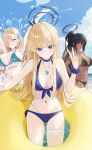  3girls absurdres alternate_costume asuna_(blue_archive) bare_shoulders beach bikini black_bikini black_hair blonde_hair blue_archive blue_bikini blue_choker blue_eyes blue_halo blush breasts choker cleavage closed_eyes closed_mouth dark-skinned_female dark_skin fieryonion hair_over_one_eye halo highres innertube jewelry karin_(blue_archive) large_breasts long_hair looking_at_viewer medium_breasts multiple_girls navel necklace open_mouth purple_halo scrunchie sideboob smile stomach swim_ring swimsuit toki_(blue_archive) underboob very_long_hair water wet wrist_scrunchie yellow_eyes 