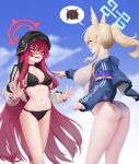  animal_ears ass bikini black_bikini blonde_hair blue_archive blue_eyes blue_jacket breasts cleavage combat_helmet dog_ears dog_girl hair_between_eyes helmet highres jacket kanna_(blue_archive) kanna_(swimsuit)_(blue_archive) long_hair navel official_alternate_costume official_alternate_hairstyle onbawa one-piece_swimsuit pointing pointing_at_another ponytail rabu_(blue_archive) rabu_(swimsuit)_(blue_archive) red_eyes red_hair shaded_face sidelocks stomach swimsuit very_long_hair white_jacket white_one-piece_swimsuit 