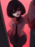  1girl arm_at_side arm_up black_eyes black_mouth black_necktie black_pantyhose black_skirt black_undershirt bob_cut breasts collared_shirt commentary cowboy_shot doorway dress_shirt empty_eyes eyelashes foreshortening from_above gradient_background hair_over_eyes head_tilt highres looking_at_viewer loose_hair_strand monogatari_(series) naoetsu_high_school_uniform necktie open_door opening_door oshino_ougi pale_skin pantyhose perspective pink_background pink_shirt pleated_skirt pov_doorway reaching reaching_towards_viewer red_trim school_uniform shirt short_hair skirt sleeves_past_fingers sleeves_past_wrists small_breasts smile solo standing turtleneck yamada_maya_(yamdmay) 
