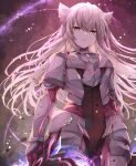  1girl animal_ear_fluff animal_ears armor armored_bodysuit bodysuit breastplate cat_ears cat_girl commentary_request gauntlets gloves grey_hair hair_between_eyes highres holding holding_weapon long_hair looking_at_viewer m_(xenoblade) purple_gloves solo ui_frara very_long_hair weapon xenoblade_chronicles_(series) xenoblade_chronicles_3 yellow_eyes 