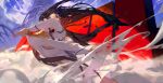  1girl absurdres black_hair blue_eyes floating_hair highres junketsu kill_la_kill kiryuuin_satsuki li_2_cun long_hair looking_at_viewer outdoors sailor school_uniform solo thick_eyebrows very_long_hair 