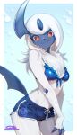  1girl :3 absol animal_hands animal_nose artist_name bare_shoulders bikini bikini_top_only blue_background blue_bikini blue_horns blue_shorts blue_skin body_fur border breasts bright_pupils chromatic_aberration closed_mouth colored_skin commentary_request cowboy_shot dolphin_shorts drawstring english_commentary frilled_bikini frills front-tie_bikini_top front-tie_top furry furry_female hands_on_own_thighs happy head_tilt highres horns long_hair looking_at_viewer medium_breasts mixed-language_commentary navel neck_fur outside_border partial_commentary personification pocket pokemon pokemon_(creature) red_eyes revision short_shorts shorts side_slit side_slit_shorts sidelocks signature single_horn smile solo standing suahh swimsuit white_border white_fur white_hair white_pupils white_trim 