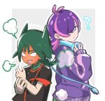  1boy 1girl ? antenna_hair back-to-back blank_eyes blush border commentary_request dot_(pokemon) full-face_blush green_hair green_shirt grey_background hand_up headphones highres jacket long_hair long_sleeves multicolored_hair open_mouth outside_border pink_hair pokemon pokemon_(anime) pokemon_horizons purple_hair purple_jacket shirt sleeves_past_wrists teeth tongue two-tone_hair ult_(pokemon) white_border yibuzhai 