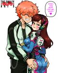  1boy 1girl artist_logo artist_name ass blush bodysuit brown_eyes brown_hair commission crossover d.va_(overwatch) english_text facepaint gloves grabbing_another&#039;s_ass groping headphones highres hug jacket kawata_nahoya logo looking_down orange_hair overwatch smile speech_bubble sukajan the_smiley_arts tokyo_revengers 