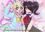  1990s_(style) 2girls :d ame-chan_(needy_girl_overdose) arm_up black_eyes black_hair blonde_hair blue_eyes blue_hair blue_serafuku blunt_bangs bow breasts caption chest_bow chouzetsusaikawa_tenshi-chan colored_tips distortion dual_persona english_text facing_another glitch hair_bow hair_ornament hair_over_one_eye highres looking_at_viewer multicolored_hair multicolored_nails multiple_girls multiple_hair_bows neck_ribbon needy_girl_overdose oritani pill pink_hair quad_tails red_shirt retro_artstyle ribbon saturated school_uniform serafuku shirt short_twintails sidelocks skirt smile sparkling_eyes suspender_skirt suspenders twintails v winged_sleeves x_hair_ornament 