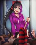 2girls 2others :d against_glass arm_support black_choker black_hair black_skirt black_thighhighs blood blood_from_eyes blood_from_mouth blood_on_clothes blood_on_hands blood_on_knife blue_eyes blue_skirt breasts brown_hair choker clothes_writing commentary creepypasta crossed_legs drawstring elpheltel english_commentary english_text feet_out_of_frame hair_between_eyes high_ponytail hood hood_down hoodie kitchen_knife knee_up knife leaning_to_the_side long_hair long_sleeves medium_breasts miniskirt multicolored_hair multiple_girls multiple_others nina_the_killer open_mouth outdoors pile_of_corpses pleated_skirt ponytail puffy_long_sleeves puffy_sleeves purple_hair purple_hoodie red_thighhighs reflection reverse_grip sidelighting sitting skirt smile solo_focus stitched_mouth stitches streaked_hair teeth thighhighs tongue tongue_out torn_clothes torn_thighhighs two-tone_hair two-tone_thighhighs upper_teeth_only very_long_hair vignetting zettai_ryouiki 