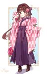  1girl absurdres block_heels blue_background blunt_sidelocks blush_stickers border bow brown_hair brown_shoes choppy_bangs commentary_request commission english_commentary floating_hair floral_background flower full_body grey_border hair_bow hair_flower hair_ornament hakama half_updo highres hime_cut japanese_clothes kimono long_hair long_sleeves looking_at_viewer mixed-language_commentary napo_(napo_illust) open_mouth original ornate_border outside_border pink_flower pink_kimono print_kimono purple_bow purple_hakama red_eyes shoes sidelocks single_hair_intake skeb_commission smile solo sparkle standing straight_hair very_long_hair wide_sleeves 