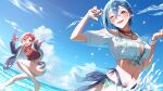  2girls absurdres bare_legs bikini blue_eyes blue_hair blue_jacket blue_sky bracelet breasts brown_eyes cleavage cloud commentary_request flower green_bikini hair_bun hair_flower hair_ornament hand_up highres holding holding_water_gun idobata jacket jewelry love_live! love_live!_superstar!! medium_breasts multiple_girls navel necklace one_eye_closed open_mouth outdoors pearl_bracelet red_bikini red_hair sky smile sparkle swimsuit wakana_shiki water water_drop water_gun yoneme_mei 