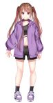  1girl absurdres black_choker black_shirt black_shorts black_socks brown_hair choker closed_mouth commentary_request crop_top full_body heterochromia highres jacket long_hair looking_at_viewer multicolored_hair navel open_clothes open_jacket original purple_eyes purple_jacket purple_shoes red_eyes red_hair rissenka shirt shoelaces shoes shorts simple_background smile socks solo standing streaked_hair twintails white_background 