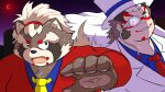  2022 anthro brown_body canid canine clothing duo goemon_(tas) hi_res human humanoid_hands kemono lifewonders male mammal moon necktie night outside overweight overweight_male raccoon_dog shirt tanuki tokyo_afterschool_summoners topwear tullys_dallies video_games 